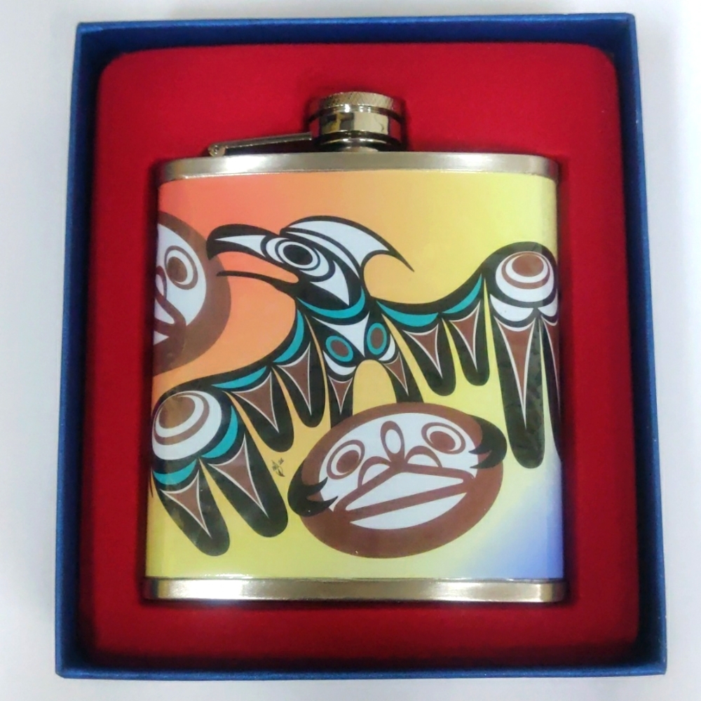 Raven Indigenous design by Philip Joe Hip Flask 6oz Stainless Steel